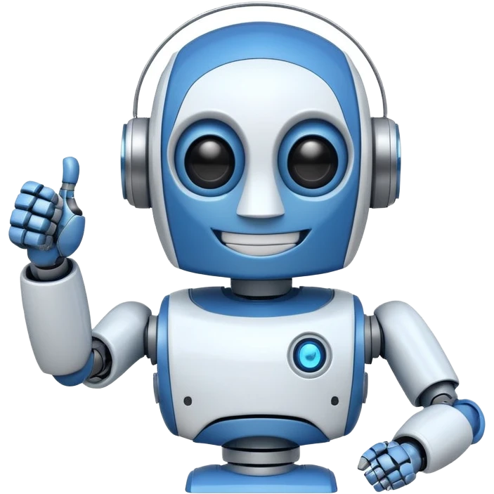 A blue and white robot smiling and winking with one eye, making a thumbs-up sign with one hand. emoji