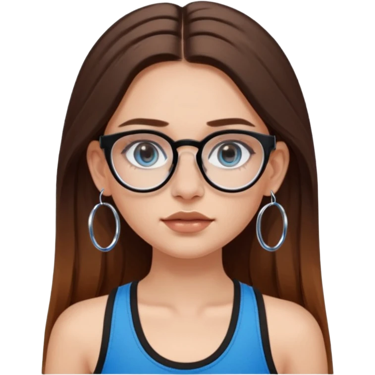 White girl with long brown hair, part going more to the RIGHT side, BLUE eyes, wearing BLACK plastic frame glasses that go from black to CLEAR ombré from top to bottom. SEPTUM nose piercing hoop, AND stud nose piercing on right side of nose. Wearing BLACK tank top. Wearing big hoop earrings  emoji
