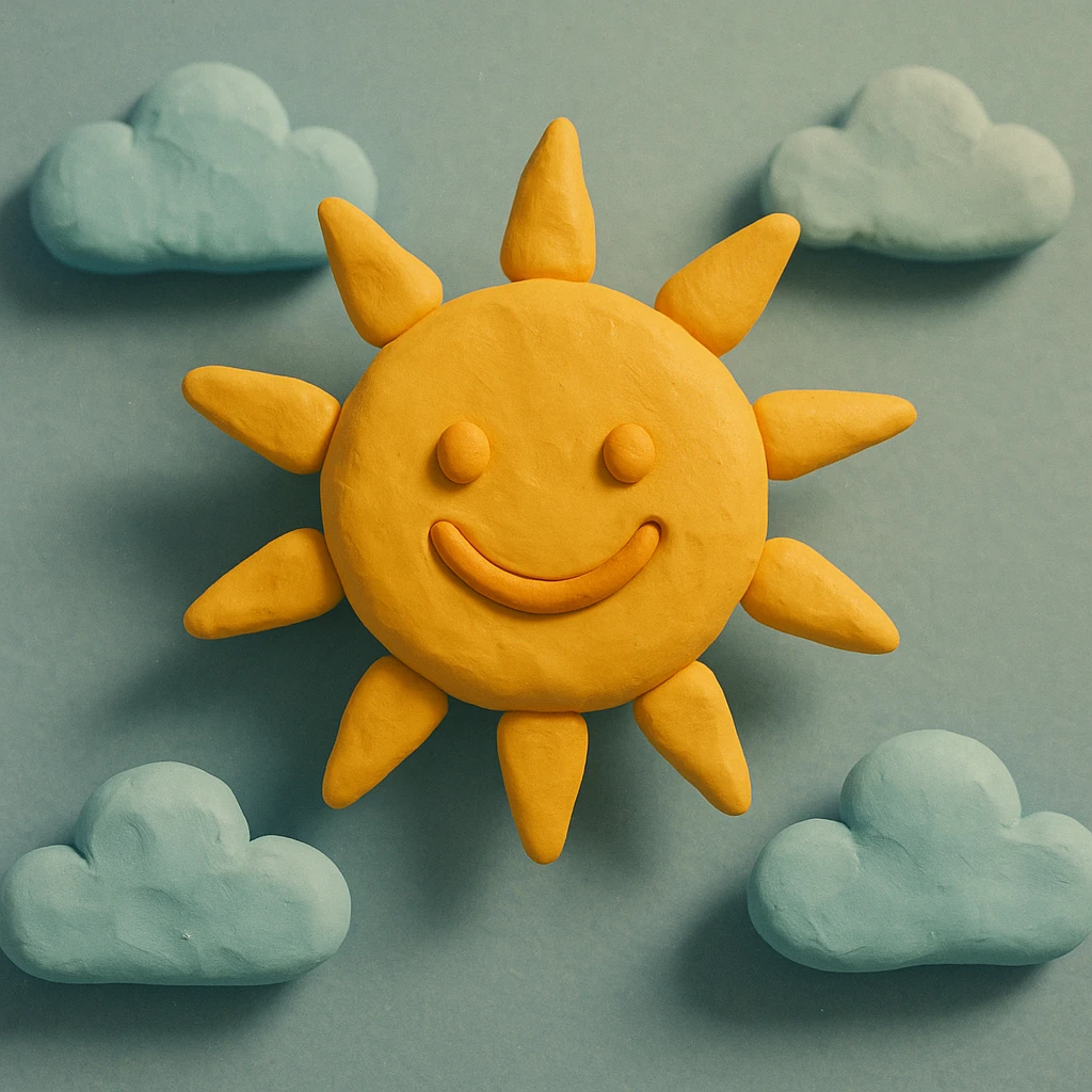 smiling sun with clouds, pastel colors, visible fingerprints, soft matte plasticine claymation style emoji