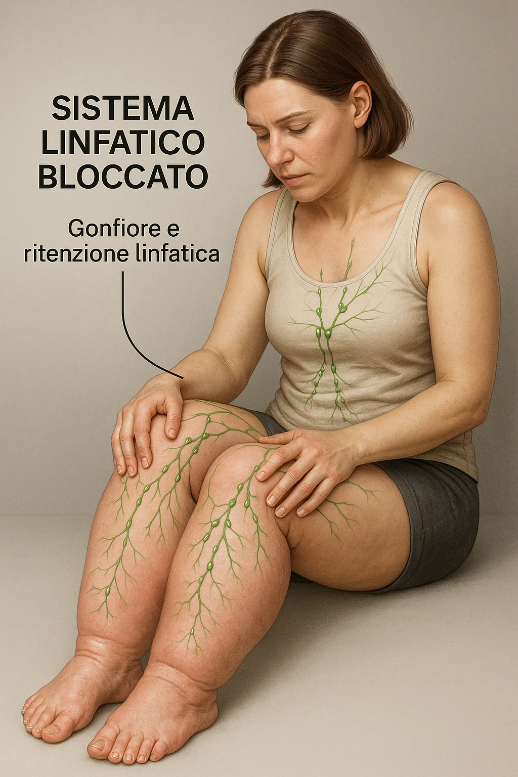 Donna con sistema linfatico bloccato con focus sulle gambe immagine realistiche 4k in italiano emoji