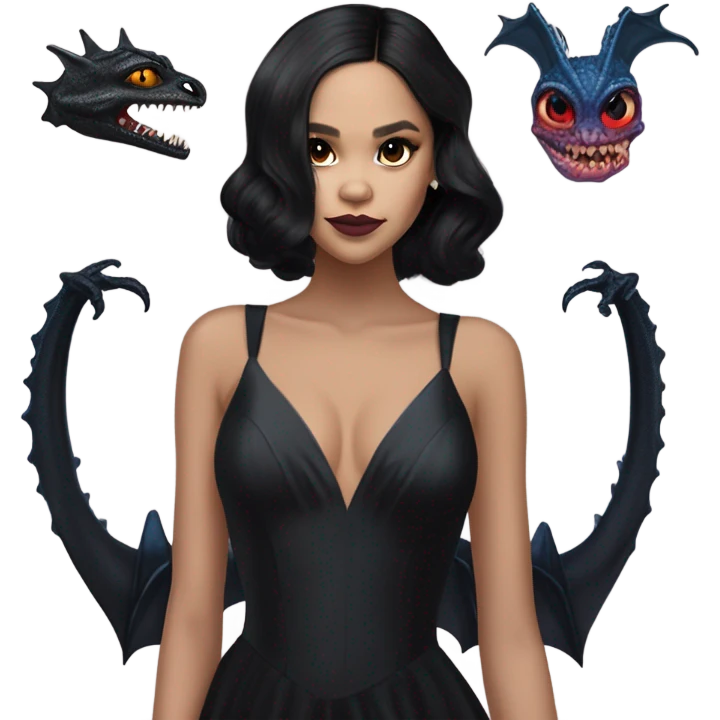 relaxed low cut back silk black evening gown with see-through gloves, Jenna Ortega as Addams woman prom queen wearing a mini tiara, very large blood blue evil-looking horned old dragon companion emoji