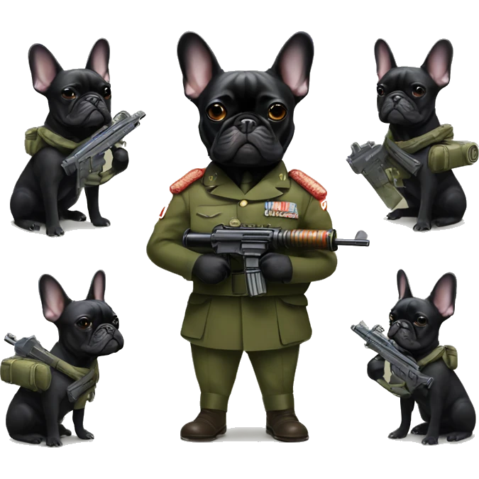 black french bulldog in military uniform with a machine gun emoji