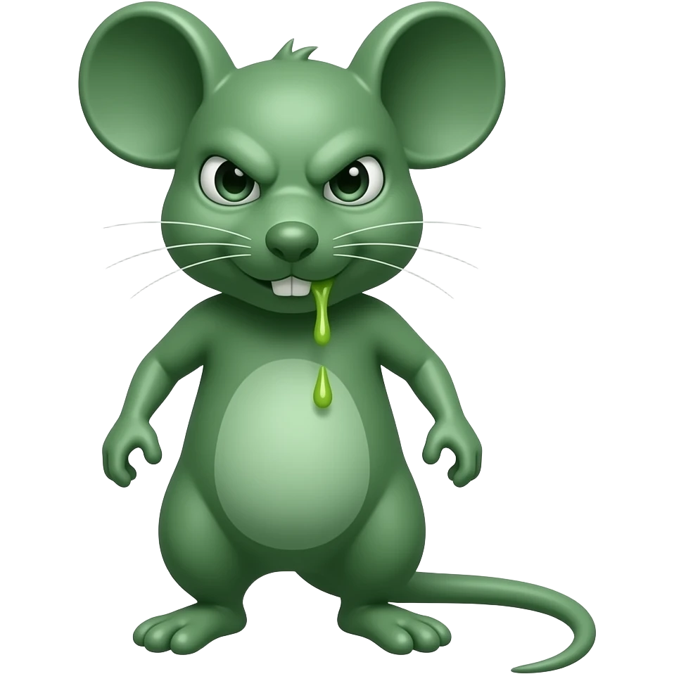 A little green mouse standing upright, with arms and legs that look like those of a little person, staring at us with loathsome face on its face, with vomit. The mouse’s body is entirely green. emoji
