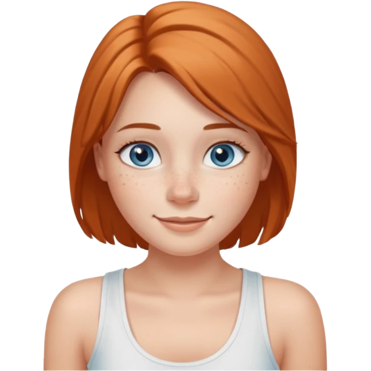 Una chica de tez blanca con pecas, nariz respingada, labios gruesos, ojos grandes color azul grisáceo, pelo largo, lacio, color avellana. Con una blusa de tirantes blanca. Que este sonriendo y q solo se vea de la cintura hacía arriba emoji