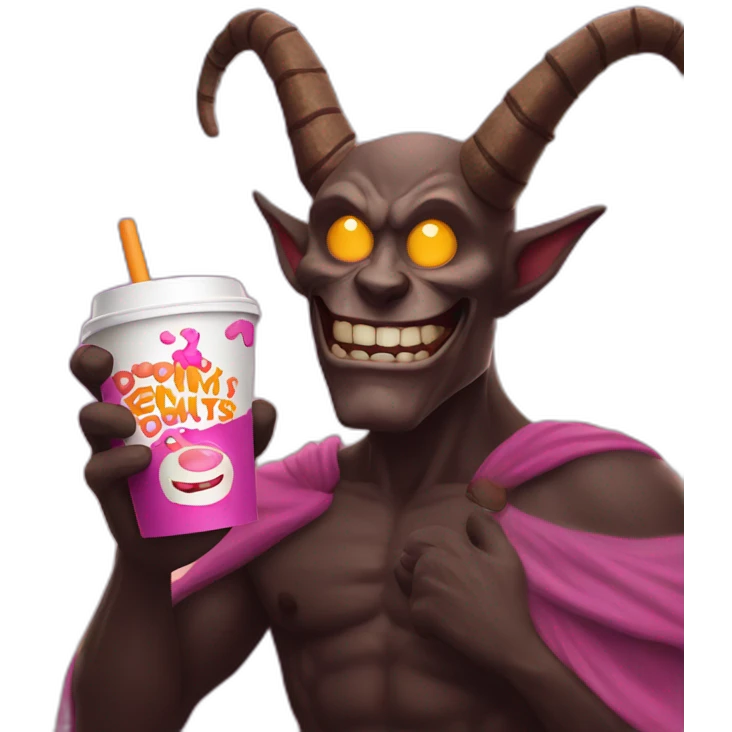 a demon holding a dunkin donuts coffee cup emoji