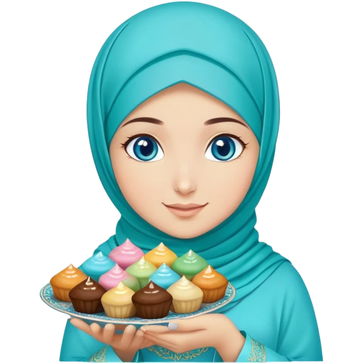 Turkish beautiful finish Konya girl blue eyes with turkis hijab islamic dress and had on her hand text Eid Mubarak with sweets and celebrating with her friends eid days   emoji