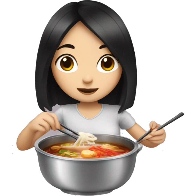 a girl with black hair eating hot pot emoji