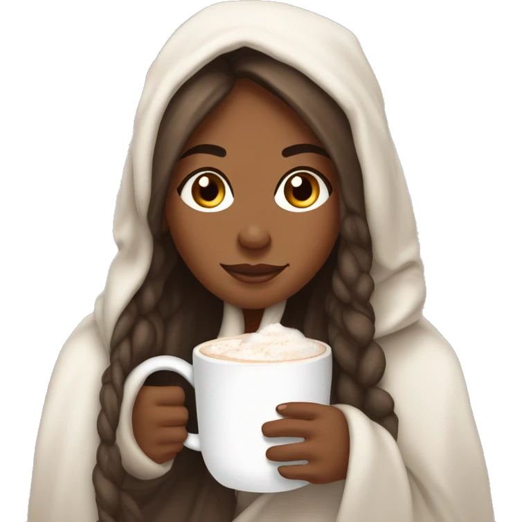 brownskin girl with long straight hair wrapped in a cozy white blanket holding a mug of steaming hot cocoa emoji