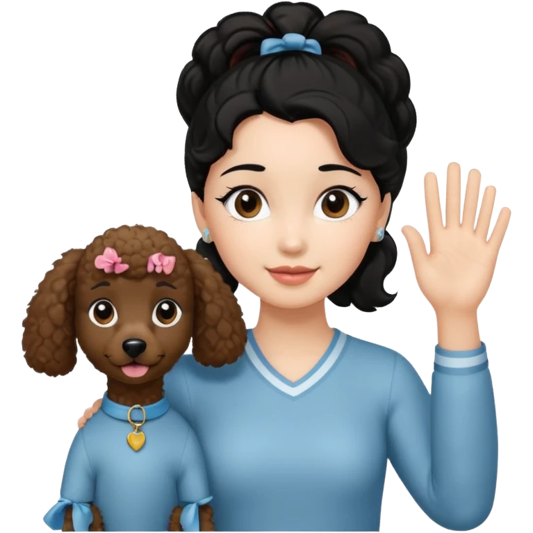 Ponytail black hair girl with brown Poodle say goodbye  emoji