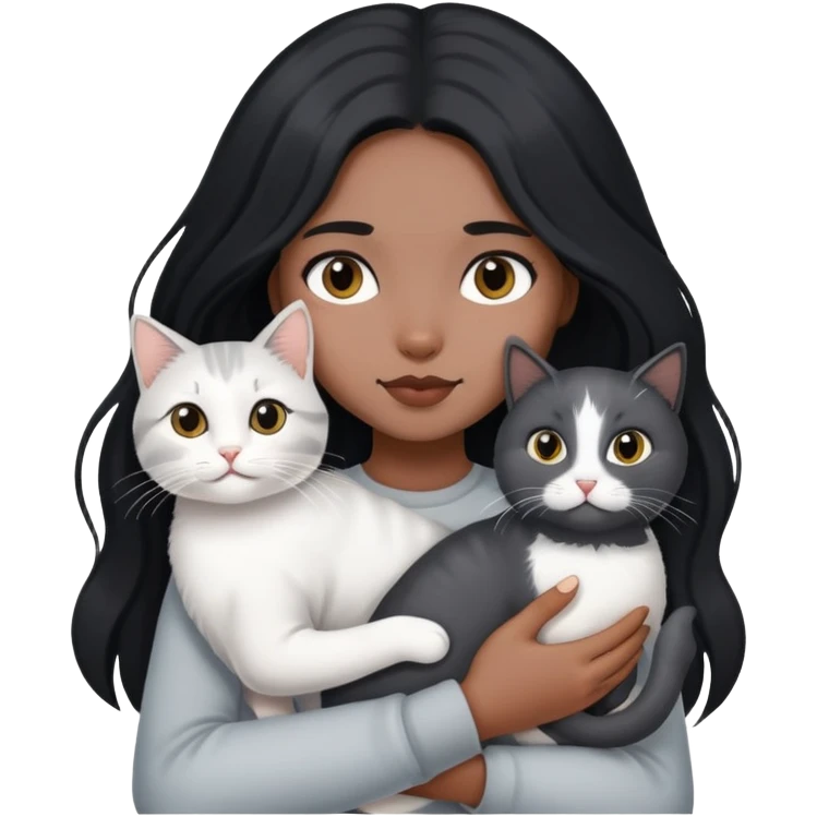 black longhair girl holding a white grey cat emoji