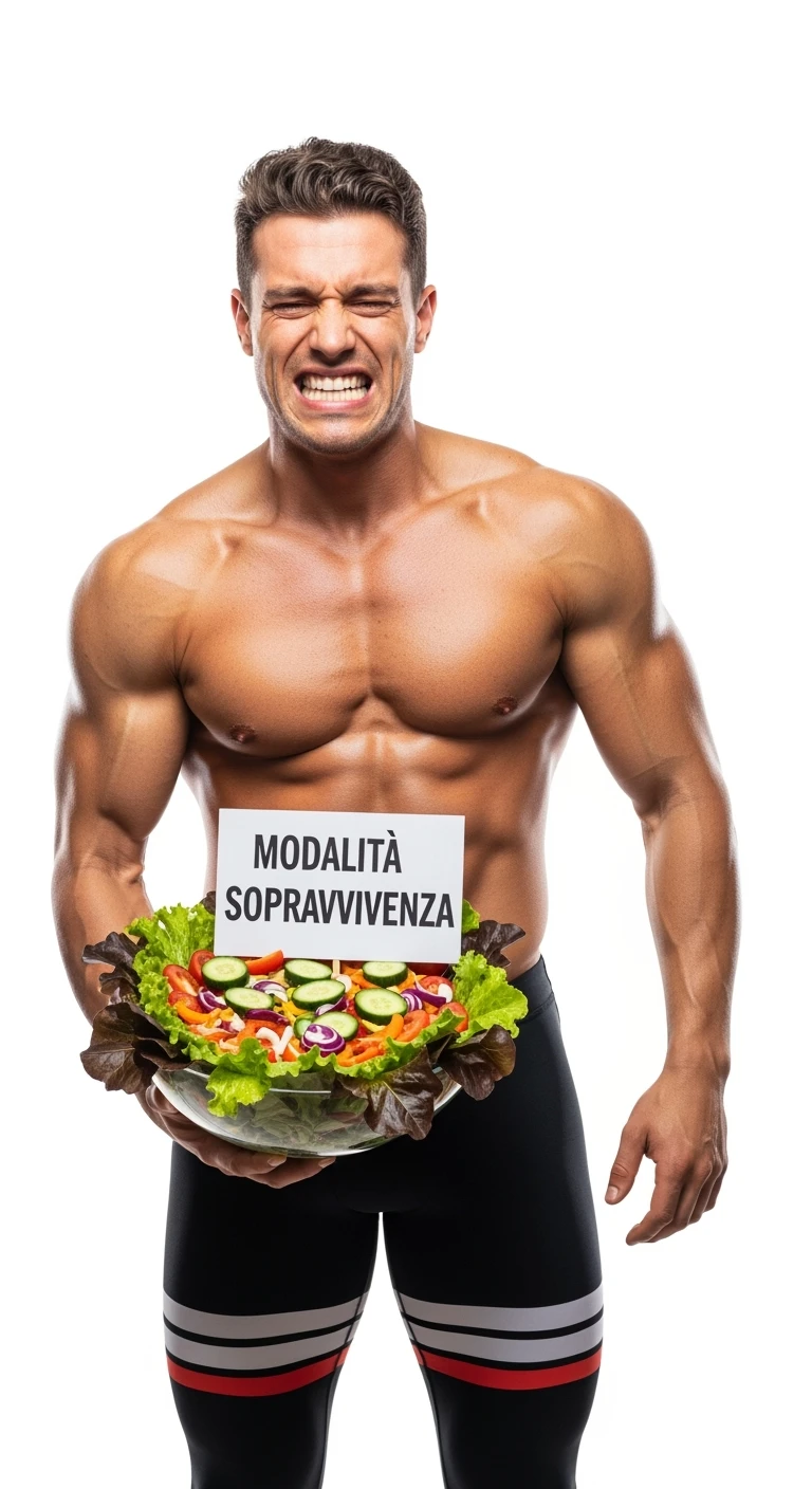 bodybuilder molto stanco e stressato con un insalata in mano, nell'insalata c'è un cartello con scritto "MODALITà SOPRAVVIVENZA", ISOLATO SU SFONDO BIANCO emoji