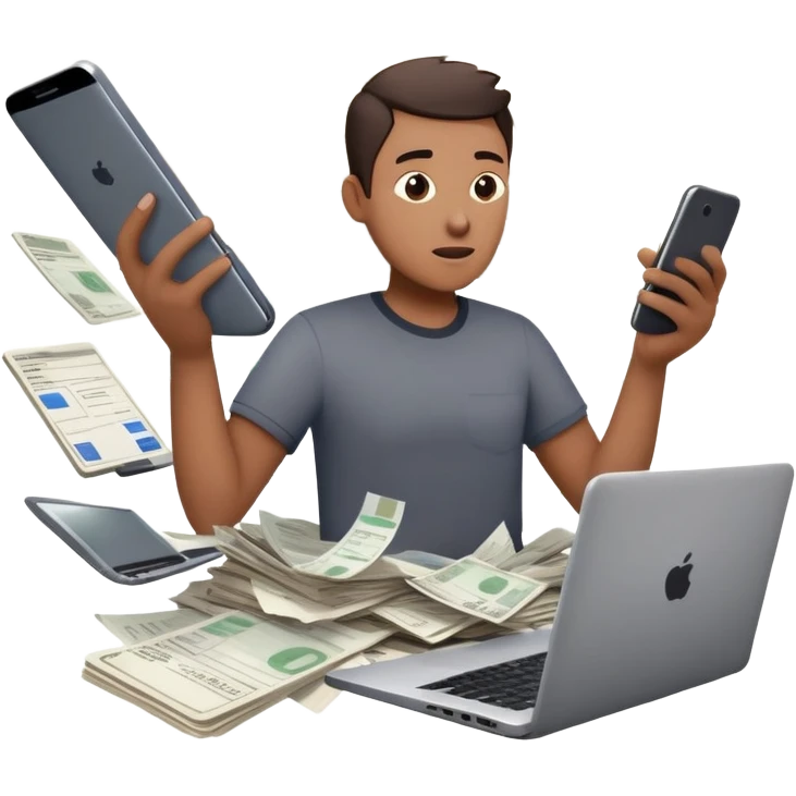 person holding a phone in one hand, laptop open in front, storm of receipts, invoices, and reminders swirling around, multitasking chaos emoji