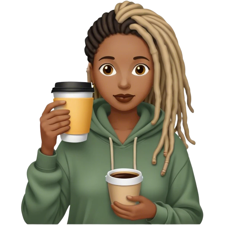 Black woman with locs with hoody and coffee emoji