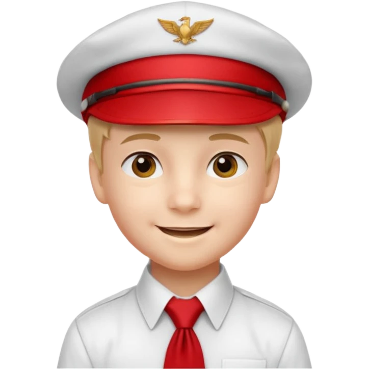 A Soviet pioneer emoji — smiling young boy wearing a white shirt with a bright red pioneer necktie and a classic red pilotka cap. not a cowboy hat. Flat, smooth 3D shading emoji