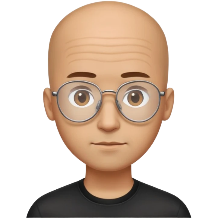 Man with small oval face and big forehead, aviator-style glasses, completely bald/shaved sides with very short curly dark hair only on top of head, neutral-friendly expression, light brown skin, wearing a black shirt emoji