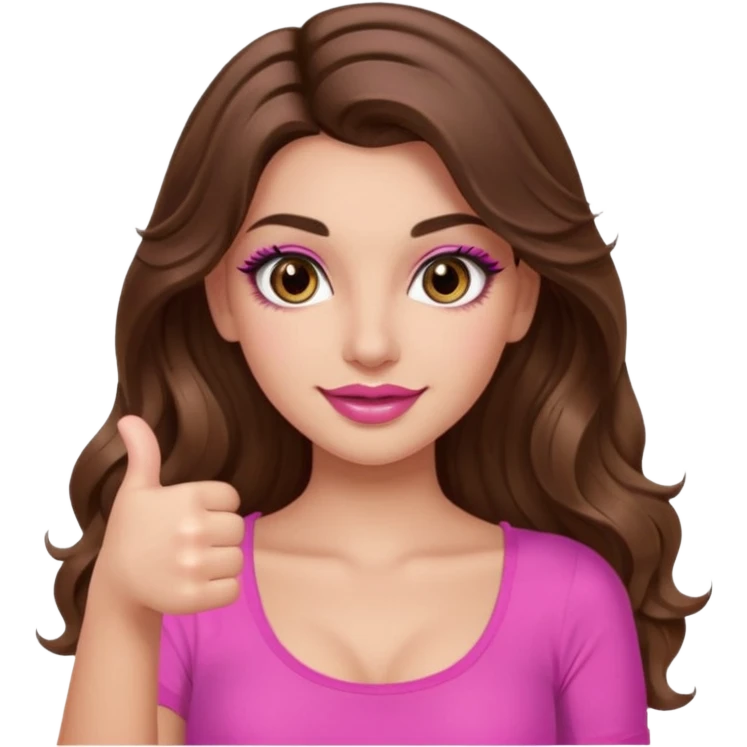 girl with long wavy brown hair, brown eyes, long lashes makeup, sexy pink lips, light to medium complexion, wearing a pink sexy top, thumbs up emoji