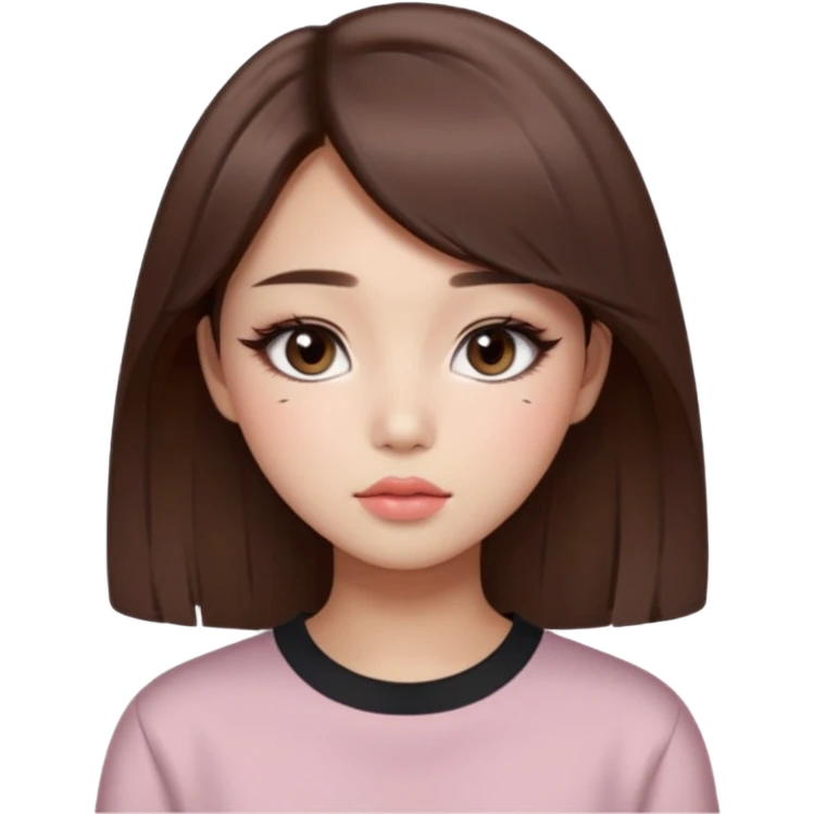 “korean straight brown hair Emoji girl, soft eyeliner and blush, gradient lips, light brown shimmer eyeshadow emoji