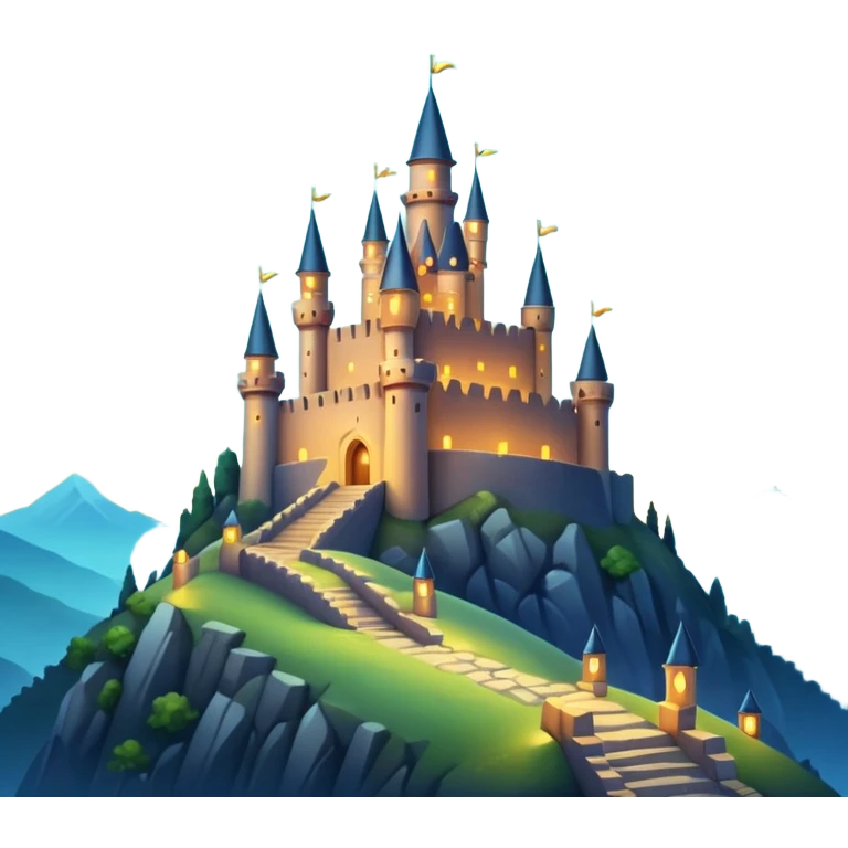 fantasy scenery, ancient castle on a hill, mystical lights emoji