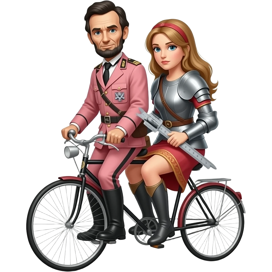 realistic style - Abraham Lincoln in a pink German World War II uniform transports the thin and serious Joan of Arc on a vélocipède, Joan of Arc carries a huge school caliper in her hands emoji