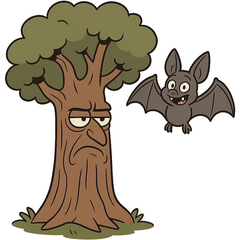 tree trunk with a face and a bat in flat toon style emoji
