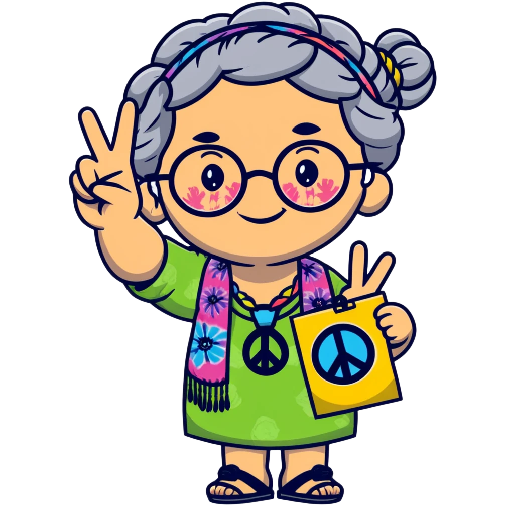 hippie grandma with round glasses, peace sign, tie-dye shirt, grey hair in braids emoji
