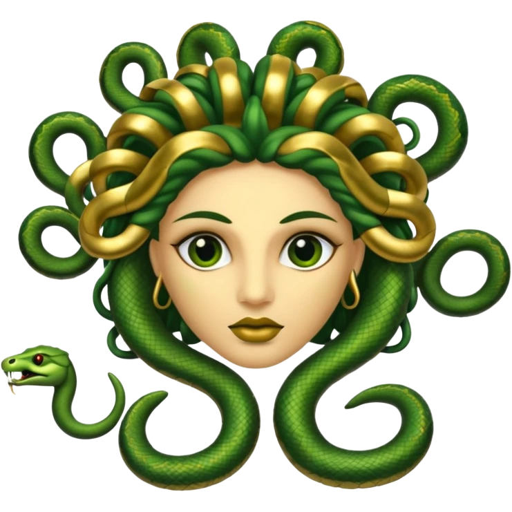 The Sicilian Medusa in gold and green and make the snake hair have snake faces  emoji