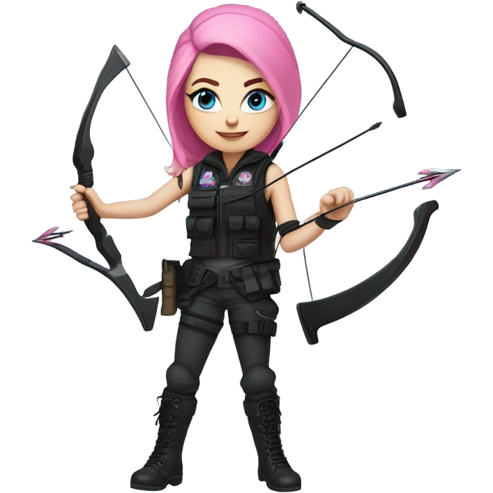 girl, white skin, tactical vest, dark pants, pink hair, blue eyes, black beanie hat with crescent moon on front, black combat boots, bow and arrow emoji