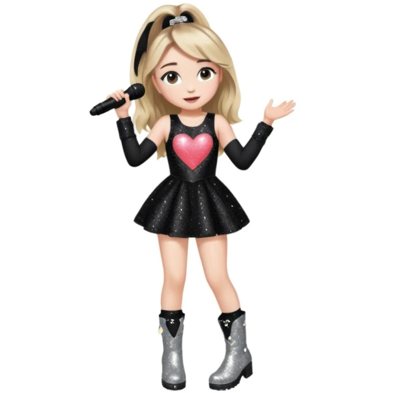 Sabrina carpenter singing at a concert wearing a black sparkly mini dress with silver at the end, with silver sparkly boots with heart cut out on the side emoji