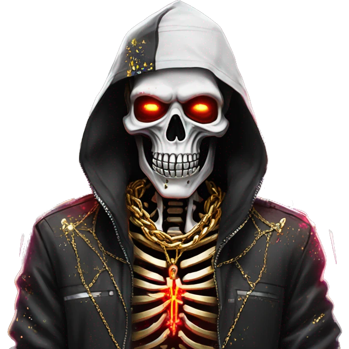 White skeleton zombie person covered in golden chains and black graffiti scribbles and red and silver doodles wings made of neon lightning snowing snowflakes emoji