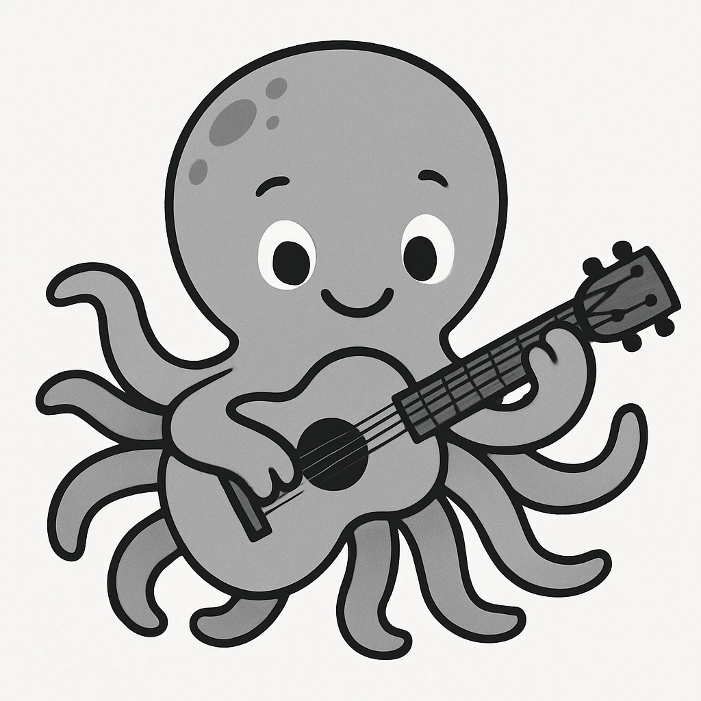 happy octopus with multiple arms playing guitar emoji