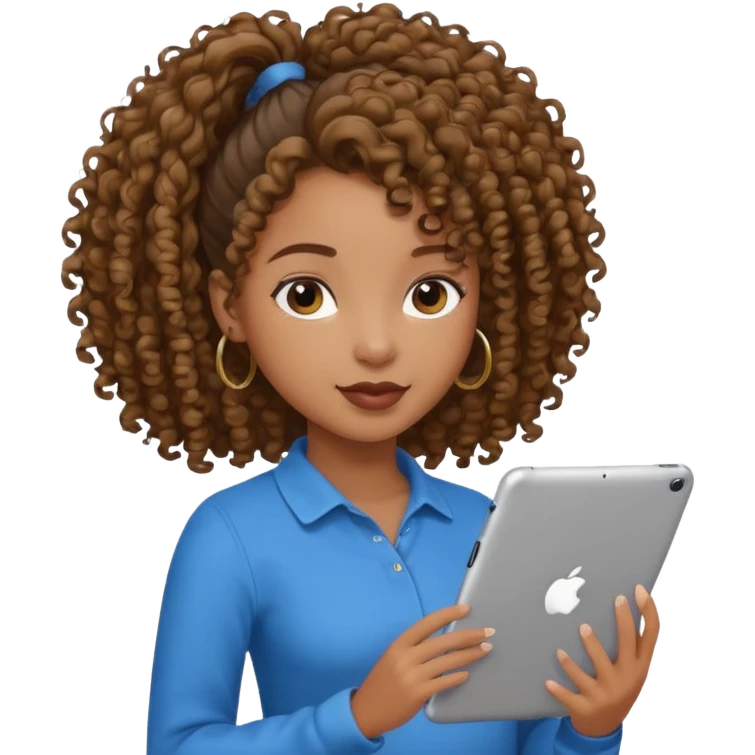 Black girl with curly ponytail holding ipad emoji