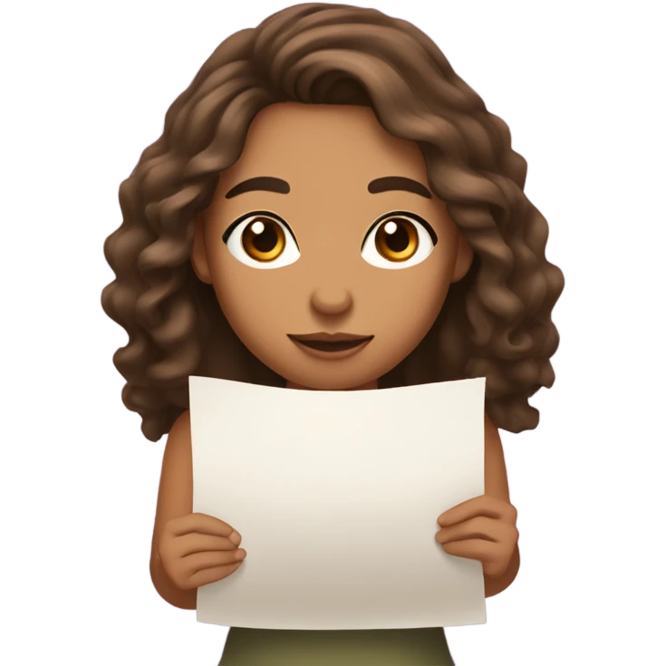 girl with olive skin, brown eyes and brown long wavy hair, holding a paper emoji