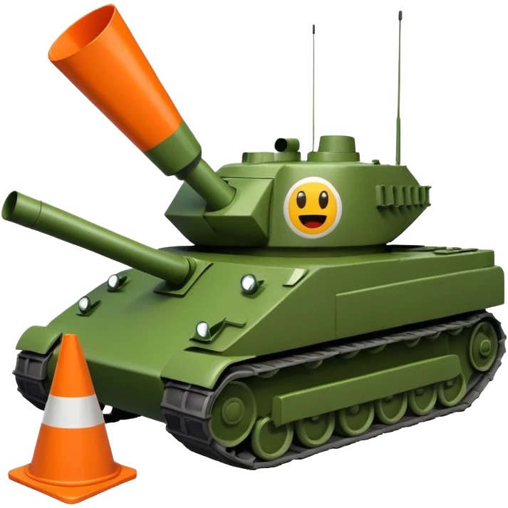 green military tank crushing a traffic cone with a cartoon face under its treads, emoji style emoji
