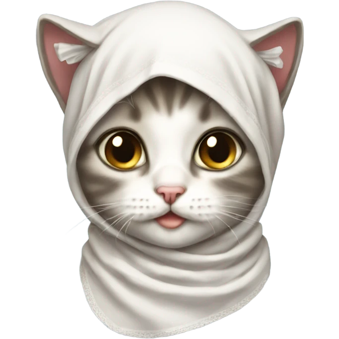 Kitten wearing a headscarf tied under the chin like a babushka emoji