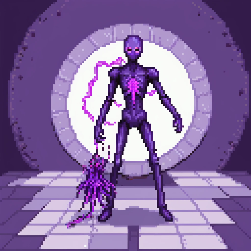 Minecraft Enderman attacking player with username "Artem" in the End dimension, purple particles emoji