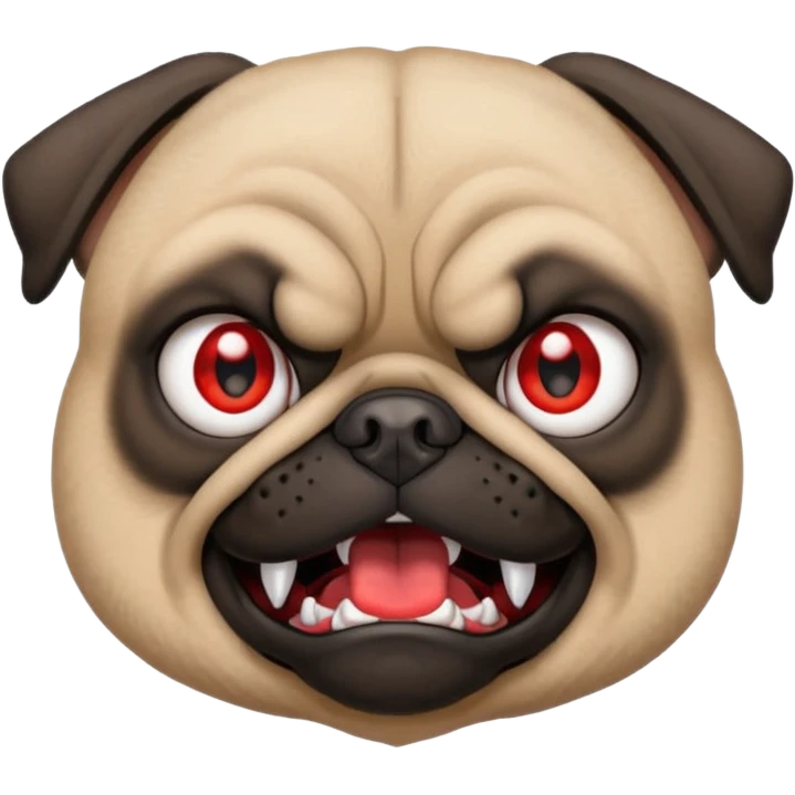 angry pug emoji with intense red eyes, small fangs, black spiked collar, fierce but funny expression, 2D bright and clean style, attitude of fury or rebelliousness with a comic touch emoji