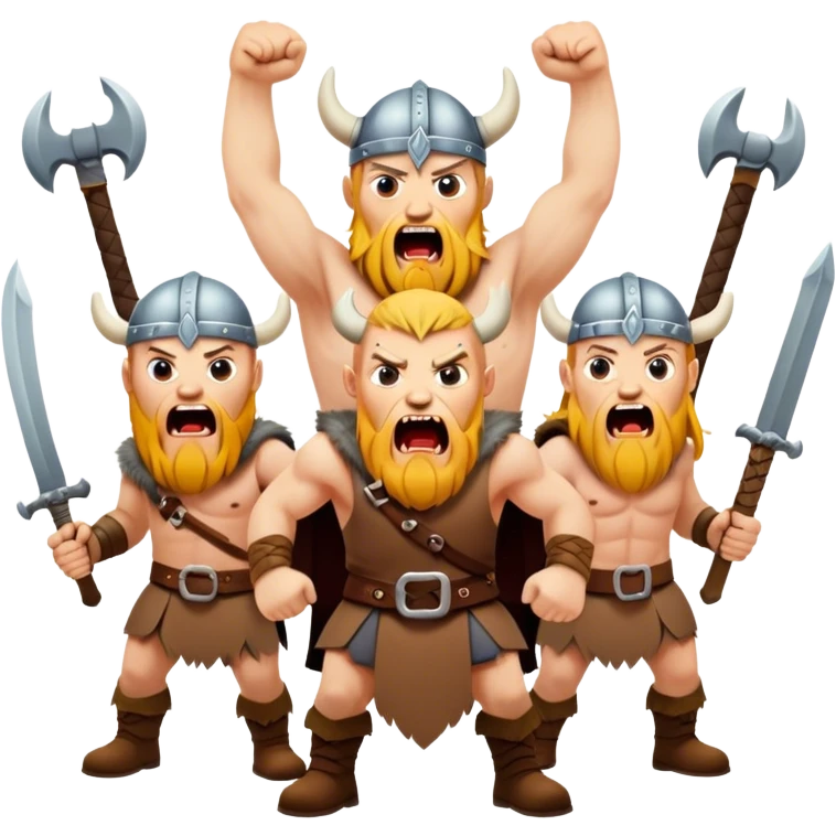 three different vikings scream, weapons in their hands, realistic emoji