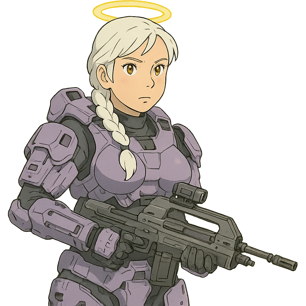 female, wearing reach spartan armor default, long white braid hair, gold yellow eyes, attention pose, halo series, no helmet, the armor is lavender color scheme, shoulder pad off. DDD bust size fitting. Punk gothic cyberpunk, brandishing a dmr emoji
