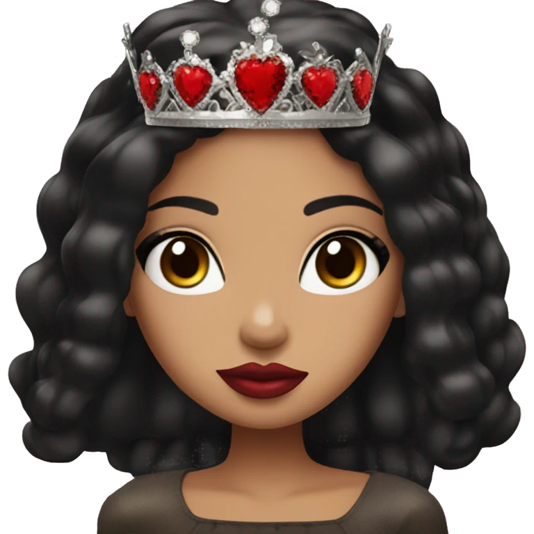 Bratz inspired Girl has straight black hair and dark brown eyes wearing a crown with red lipstick on her lips emoji