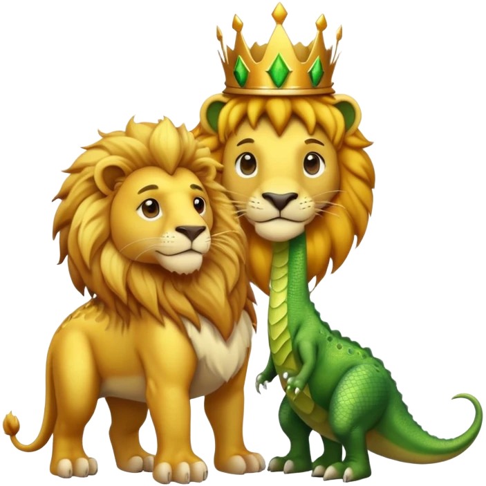 A lion wearing a golden crown standing next to a friendly dinosaur emoji