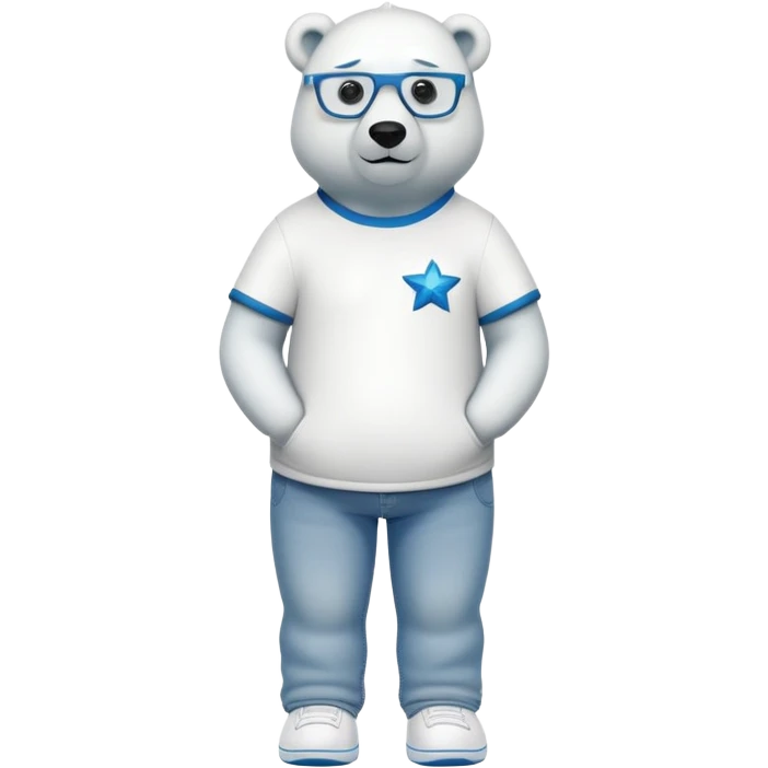 friendly anthropomorphised polar bear standing upright, looking chilled and unbothered, wearing a shirt, jeans, trainers, star-shaped glasses emoji