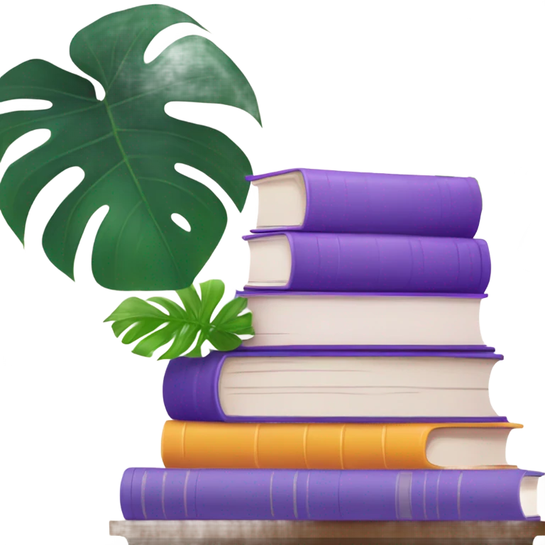 An aesthetically pleasing stack of books with violet covers and behind them a potted monstera  emoji