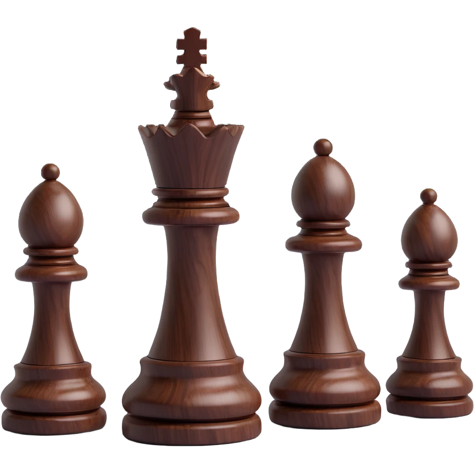 three chess pawns made of dark walnut wood with a matte finish, 3D, grouped emoji