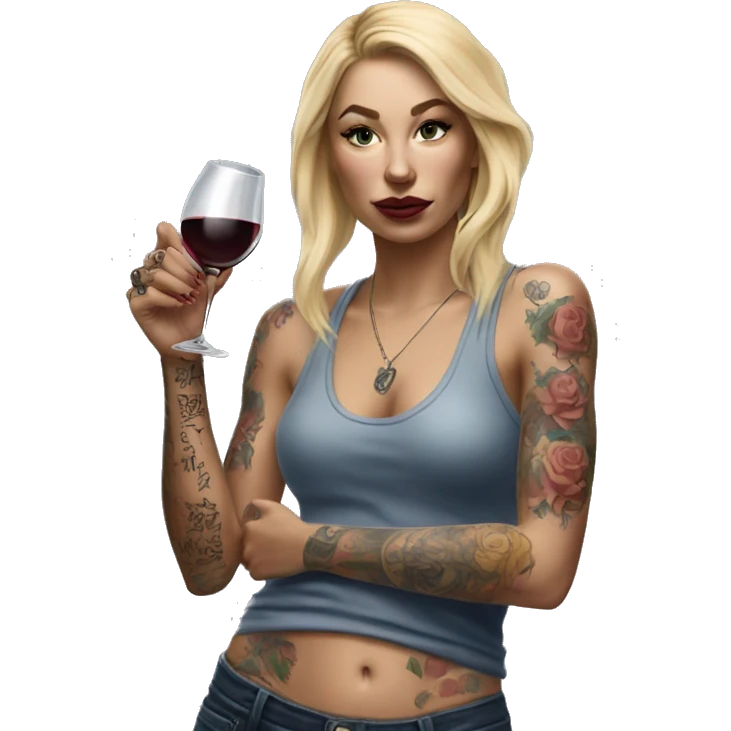 Blonde women in, her body covered with tattoos, wine in her one hand, pointing forward with her other hand , Hyper realistic  emoji