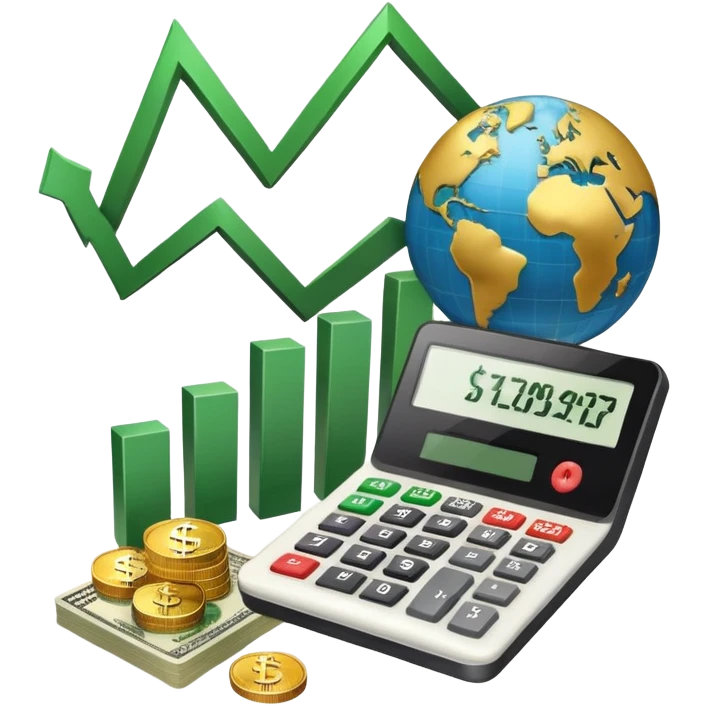An icon featuring a calculator, a dollar sign, and a chart with upward trends, symbolizing economics. The design includes coins, bills, and a globe, representing global trade and financial systems. Transparent background highlights the study of markets, supply, and demand. emoji