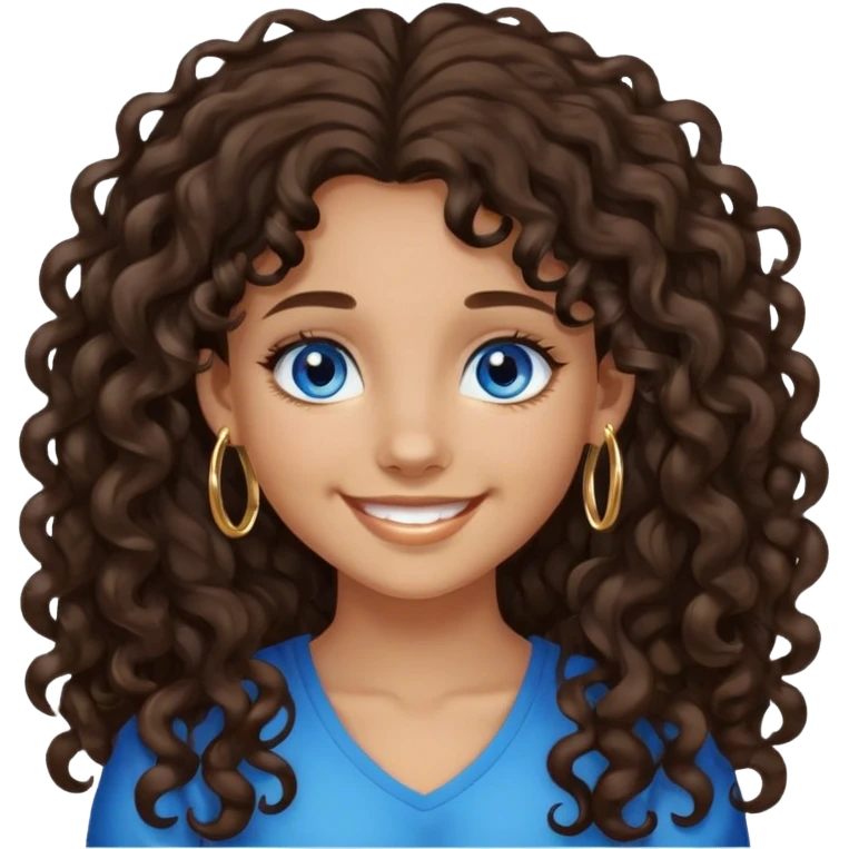 Girl with long dark brown loose curly hair and blue eyes with medium skin and small gold hoops smiling  emoji