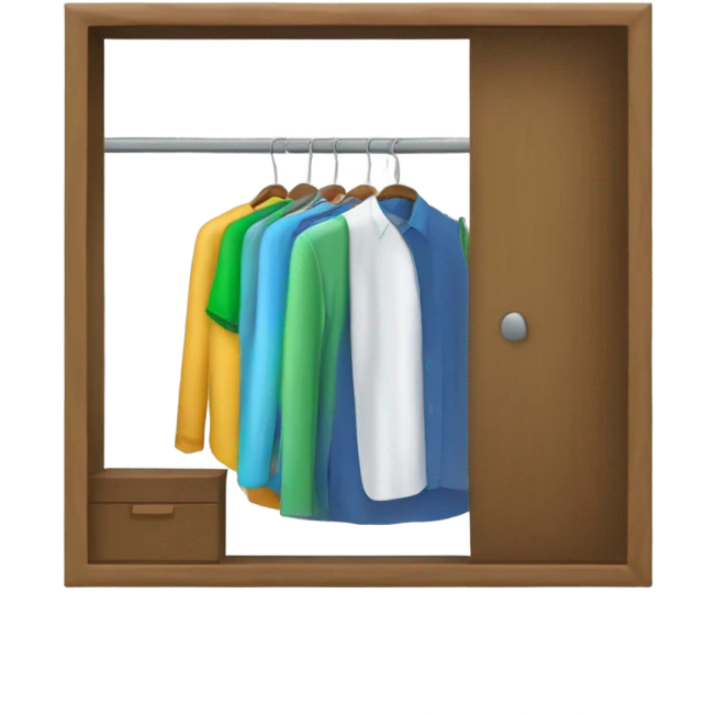 Design an emoji-style icon of an open wardrobe with clothes hanging inside. Include details like a wooden frame, hangers, and colorful clothing items such as shirts or any other clothing . Use a clean and minimalistic design. emoji