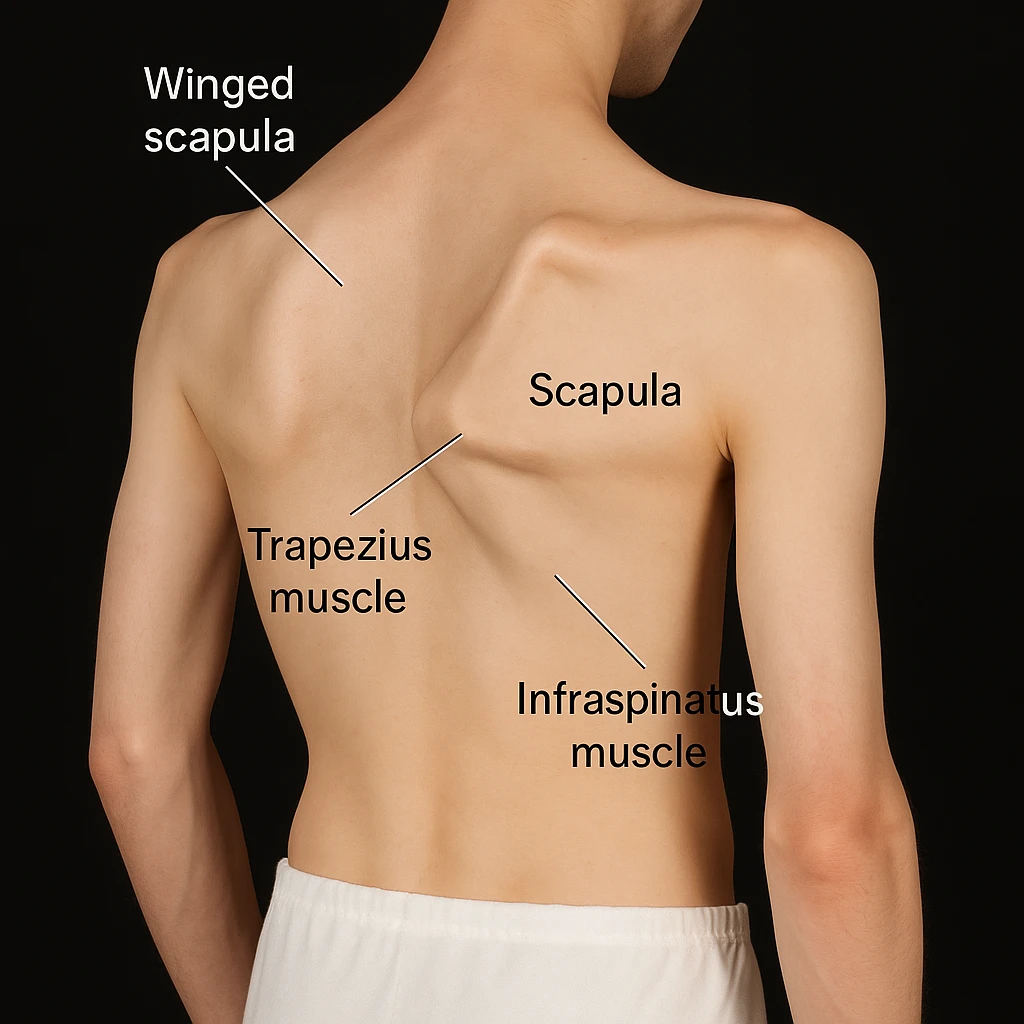 Create a realistic variant of winged scapula inspired by the reference photo, with anatomical labels indicating the pathology and involved structures. emoji