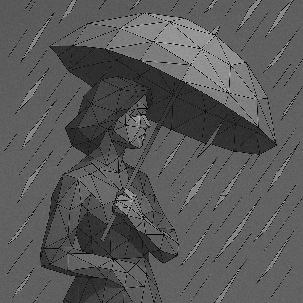Low-poly woman holding an umbrella in angular rain. emoji