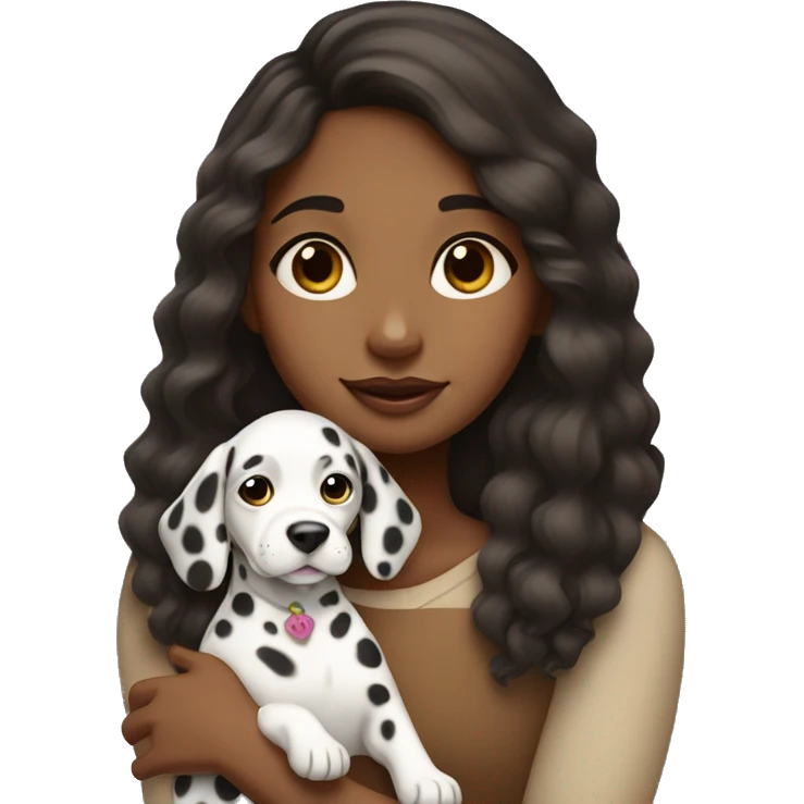 A brown girl with medium to long hair closes her eyes and holds a Dalmatian dog emoji